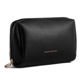 Aveniee Travel Makeup Bag Small, Vegan Leather Pouches Cosmetic Case for Women, Cute Make Up Bag Organizer for Purse, Toiletry Bag for Travel Car Accessories with Divider & Gold Zippers (Black)