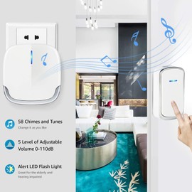 YYQ Wireless Doorbell Waterproof Wireless Doorbell for Outdoor Indoor 300M Range, 58 Ringtones 5 Volume Levels for Home, Business, Seniors (1 Transmitter + 1 Receiver)
