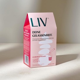LIV Nahrungsergänzungsmittel zum Auflösen in Wasser - Pflanzenstoffe, L-Tryptophan und Vitamine für mehr Gelassenheit im Alltag | 100% Vegan, hohe Bioverfügbarkeit | Himbeere & Ingwer