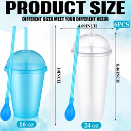 Ninehaoou 6 Set Slushie Cups with Dome Lids and Straws Detachable Spoon Straws Reusable Plastic Iced Coffee Cups Smoothie Tumbler for Birthdays Summer Party Supplies(Clear,24 oz)