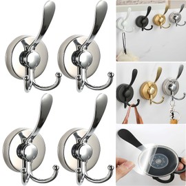Boxonly No-Drill Suction Cup Duck Tongue Twin Hooks,2024 Upgraded Stainless Steel Waterproof Hooks for Bathroom,Shower,Kitchen,and Mirrors–Heavy Duty Towel Holders(4 Pcs, Bright Silver)