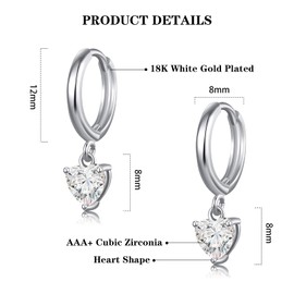 Small Silver Hoop Earrings for Women, 18K White Gold/Gold Plated Dangle Drop Earrings with Round/Heart/Teardrop Dangling Cubic Zirconia, Hypoallergenic Huggie Hoops Jewelry Gifts for Women Girls
