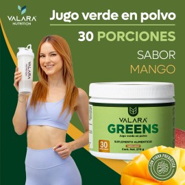 Valara Greens Jugo Verde En Polvo 270 Gr - 30 Porciones - Sabor Mango, Espirulina Y Fibra De Manzana - Suplemento Alimenticio con Ingredientes...     