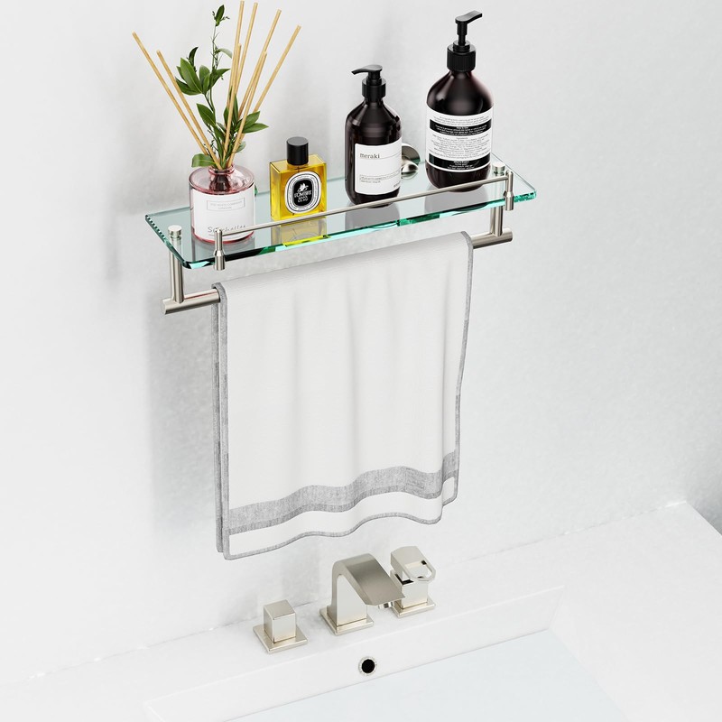 Floating Tempered Glass Bathroom Shelf with Towel Bar - Brushed