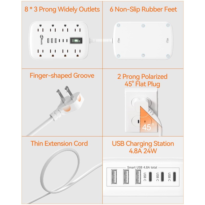 2 Prong Power Strip, OKLEEIC 2 Prong to 3 Prong