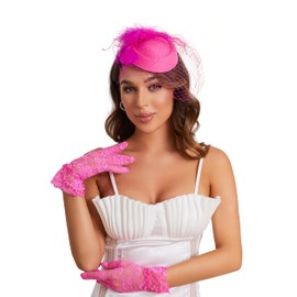 Harimea Fascinators hat Tea Party for Women Pillbox Derby Hat Fascinator Bridal Wedding Veil and Short Lace Gloves(106 Rose Red)