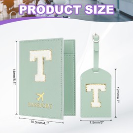 PATIKIL Passport Holder for Travel, Initial Passport Cover and Luggage Tag Set with Alphabet Chenille Letter Patch Travel Wallet Bag Suitcase Identifier for Women Family Travel Green T