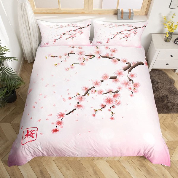 Erosebridal Cherry Blossoms Bedding Set Japanese Style Romantic Theme Pink Comforter Cover Set Botanical Floral Printed Duvet Cover with Zipper Ties Women Girls Couple Teen Soft Bedspread, Queen Size