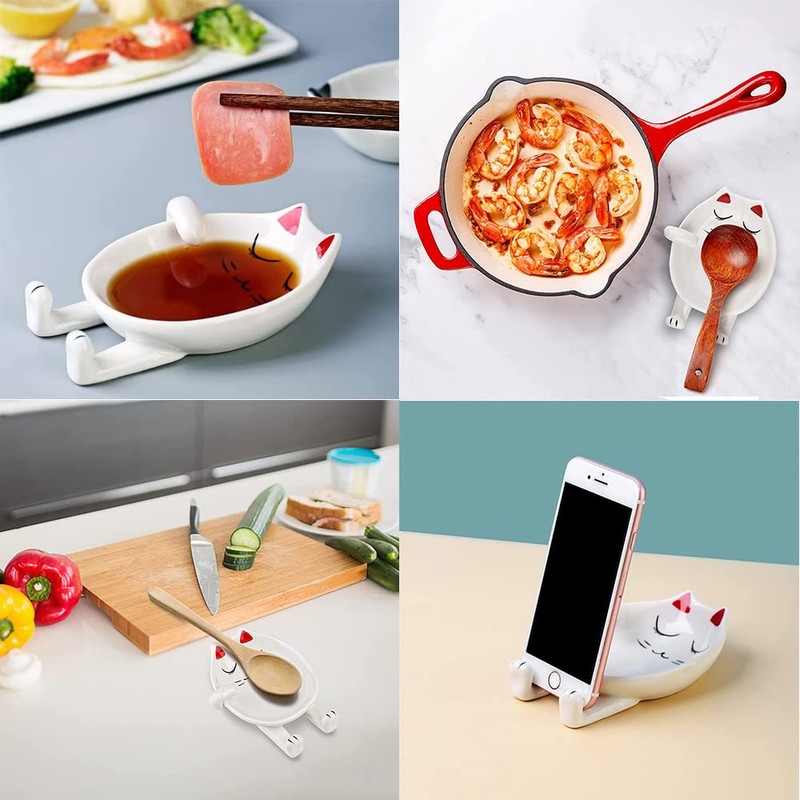 Ceramic Cat Spoon Rest for Kitchen Counter, Multifunctional Chopsticks Spoon