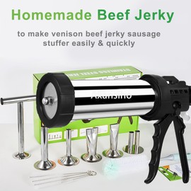 Stainless Steel 2.1 LB Large Capacity Jerky Gun Kits, Professional Jerky Maker, Jerky Shooter Cannon, Beef Stick Gun, Sausage Stuffer, Meat Gun with 5 Nozzles 5 Brushes & 1 Meat Pusher, Gift for Mom