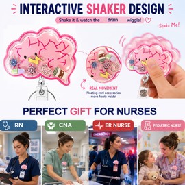 Aovaely Funny Shaker Badge Reel, Nurse Retractable Medical ID Holder Clip 360° Rotating Badge Reel with Key Rings, Cute Nurse Nursing Office Medical Worker Student Accessories Gifts (Brain)