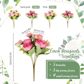 Jexine 24 Bundles Silk Artificial Peonies Flowers Faux Peony Bouquet Fake Peonies Artificial Flowers Bouquets for Vase Floral Arrangements Wedding Home Table Decoration (Light Pink,Dark Pink)