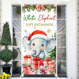 Ticuenicoa White Elephant Gift Exchange Door Cover Merry Christmas Door Banner Decorations Xmas Snowflake Hanging Covers Christmas Eve Porch Sign Banners for Front Door Indoor Outdoor Party Decor