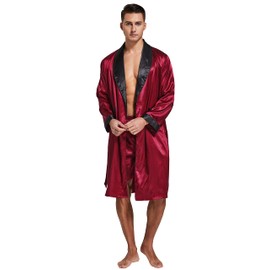 Tony & Candice Men's Satin Robe Lightweight Long Sleeve Silk Kimono Bathrobe with Shorts Set Sleepwear（X-Large, Burgundy with Black Collar)