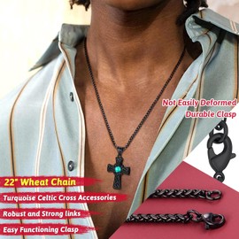 FaithHeart Stainless Steel Men's Boys Celtic Cross Pendant with Artificial Turquoise Punk Vintage Celtic Knot Crucifix Pendant with 55 cm Wheat Chain Silver Gold Black, Stainless Steel, No Gemstone