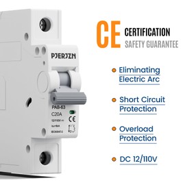 Pjerjzn 12-110V DC Circuit Breaker Solar 20Amps 1P Miniature Circuit Breaker Solar DIN Rail Mount Thermal Magnetic Trip Solar PV Isolator Solar Panel for Photovoltaic Systems