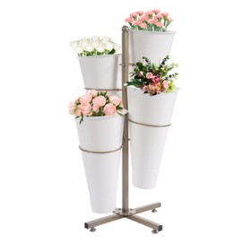 Metal Flower Display Stand, Flower Holder with 4 Pieces Buckets, Metal Mobile Florist Bouquet Stand for Indoor, Outdoor Patio Garden, Living Room, Florist. (White)