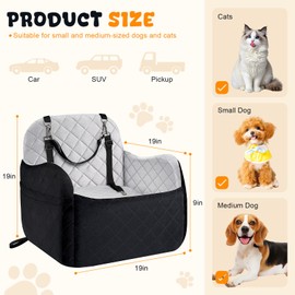 PulseFay Dog Booster Car Seat for Small/Medium Size, Memory Foam Dog Car Seats, Detachable Booster Cushion, Two Side Pockets, Safety Straps, Washable Pet Car Seat (Black/Grey)