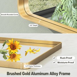 VANLIO 28x36 Gold Framed Bathroom Mirror, Brushed Gold Metal Vanity Mirror, Rectangle Modern Mirror for Wall, Rounded Corner, Tempered Glass, Anti-Rust, Shatterproof, Hangs Horizontally or Vertically