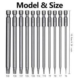 11-Piece 100 mm T6-T40 Magnetic Torx Hex Handle Screwdriver Set, 1/4 Inch Hex Shank Electric Tools for Cordless Screwdrivers T20 T25 Screwdriver (11)