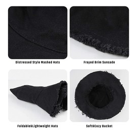 Womens-Sun-Hats Bucket-Hat Distressed Sun-Protection Washed-Cotton - Summer Wide Brim Beach Cap(Size:S-M) Black
