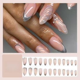 Chrome Sliver French Tip False Nails Medium Almond, SXVME Pink Press on Nails with Glitter 3D Shell Design Full Cover Acrylic Fake Nails Press ons Stick on Nails for Women 24 Pcs