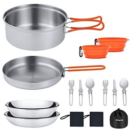 KingCamp Camping Cookware 17/25pcs Stainless Steel Camping Cookware Set Durable Lightweight Pots and Pans Set with Folding Knife Fork for Backpacking,Outdoor Camping Hiking and Picnic