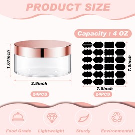 Dandat 24 Pcs 4 oz Plastic Jars with Lid and Label PET Cosmetic Containers Leak Proof Empty Cosmetic Jars Refillable Storage Travel Containers for Lotion Cream Gel Powder(Clear with Rose Gold Lids)