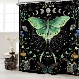 Miyotaa Moth Witchy Gothic Shower Curtain Set 71Wx71H Inches Moon Phase Teal Wildflower Plant Mysterious Night Moonlit Butterfly Botanical Tarot Polyester Bathroom Curtain with 12 Hooks