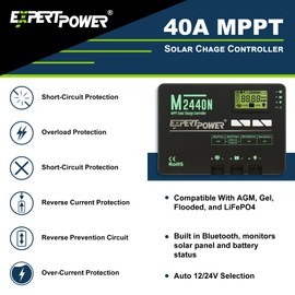 ExpertPower 40A MPPT Solar Charge Controller | 12V / 24V Auto-Select Intelligent Regulator | Max PV Input 100V | Gel Sealed Flooded and Lithium LiFePO4