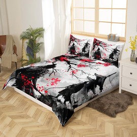 Feelyou Japanese Samurai Bedding Set Queen Size Kids Japanese Ukiyoe Comforter Cover Set for Boys Girls Teens Cherry Blossoms Home Decor Duvet Cover Japanese-Style Bedspread Cover(No Comforter)