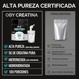 Oby Creatina Monohidratada Micronizada en Polvo | 100% Alta Pureza Certificada | 100 Servicios 5g por porción Sin Sabor | Alto Rendimiento Pre Workout