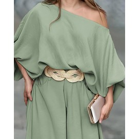 CHICME Women Summer 2 Piece Outfits Off Shoulder Lantern Sleeve Top Flowy Wide Leg Pants Set Vacation Beach Travel Outfits Green-L