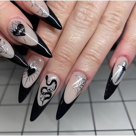 LPOODDNU Black French Tip Press on Nails - Long Stiletto Fake Nails with Snake Heart Spider Web Designs, Glossy Finished Reusable False Nails with Glue Tabs - 24Pcs Nail Kit for Women Manicure