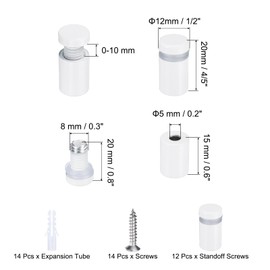 sourcing map 12 Pcs 1/2" x 4/5" Standoff Screws Stainless Steel Wall Mount Sign Mounting Hardware Kit with 14pcs Screws for Hanging Acrylic Glass Signs Advertising Boards, White