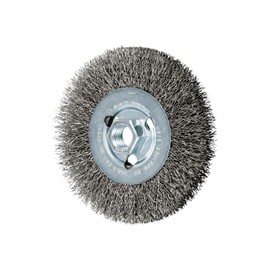 PFERD Crimped Wheel Brush, Stainless Steel Wire, 4-1/2" Diameter, 5/8-11 Thread, 0.014 Wire Size, 15/16" Trim Length, 1/2" Face Width, 12500 max RPM - Part 80354