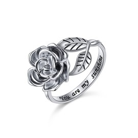 Alphm S925 Sterling Silver Rose Flower Ring Adjustable Wrap Open Jewelry for Women Friend Mom Bride Girlfriend Sisters Teen, 7, Silver, Cubic Zirconia