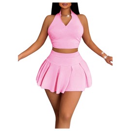 RoseSeek Women's 2 Piece Tennis Skirt Set Sleeveless Racerback Crop Tank Tops High Waisted Pleated Mini Skirt Outfits Pink Medium