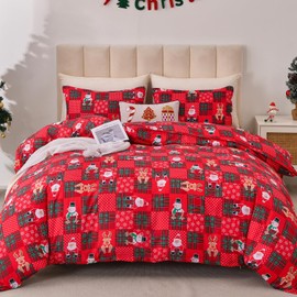 3Pcs Christmas Duvet Cover Set King Size Christmas Bedding Holiday Xmas Plaid Patchwork Decor Microfiber Duvet Cover Bedding Soft Reversible Christmas Duvet Cover Set with Zipper and 2 Pillowcases