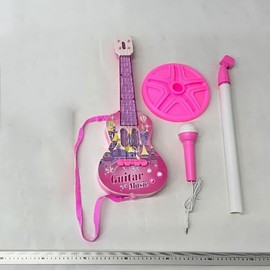 Greyghost Kids Guitar and Microphone Play Set, Pink Musical Toy with Stand, Light Effects, Adjustable Height
