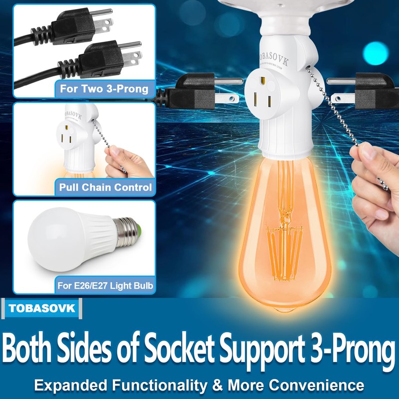 2 Packs Tobasovk Light Socket to Plug Adapter, 3 Prong