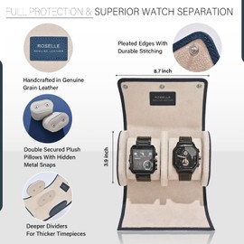 Genuine Leather Watch Roll Travel Case - Watch Roll Case For 2 Watches With Luxury Lining - Protect, Travel,Store, & Display Fine Timepieces (Blue-2 Slots)