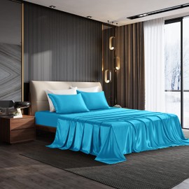 NA HommxJF Satin Sheets Cooling Sheets Twin Size Sheets Set Silky Sheets , 3 Pieces Bedding Sheets & Pillowcases with 1 Flat Sheet + 1 Deep Pocket Fitted Sheet + 1 Pillowcase (Lake Blue, Twin)