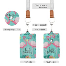 Turquoise Tropical Palm Leaves Two Pink Flamingos Hello Summer Badge Holder with Lanyard, ID Cover PU Leather 3 Cards Slots, Neck Wallet Case Security Snap Button for Worker Student Office School