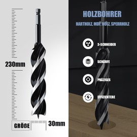 30 x 230 mm Wood Auger Drill Bit for Softwood, Hardwood with Centre Point and E 9.5 Shank