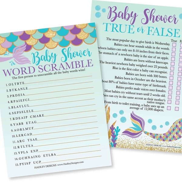 Sirena Baby Shower Juegos para niñas – 2 juegos de doble cara, 25 palabras para ideas de baby shower, 25 verdadero o falso juego de baby shower, divertidos juegos de baby shower, suministros de fiesta de baby shower