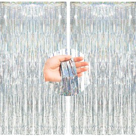 BRAVESHINE 2 Pack 3.2 ft x 8.2 ft Tinsel Foil Fringe Curtains Metallic Photo Booth Backdrops Party Supplies for Birthday Wedding Christmas Baby Shower Bridal Bachelorette Holiday Decorations -Silver