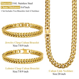 Aospkle 3PCS Cuban Link Bracelet Necklace, Gold Sturdy 316L Stainless Steel Cuban Link Chain for Men Jewelry Set 8mm, 8inches