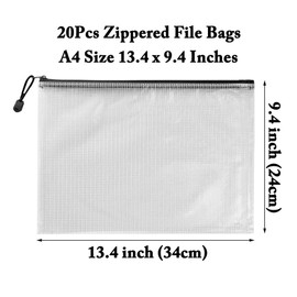 AUSTARK 20Pcs Zipper Document Pouch, Zippered File Bags, PVC Mesh Cross Stitch Bags, Board Games Storage Bags for Office School Home Travel (A4 Size 13.4 x 9.4 Inches, White and Black)