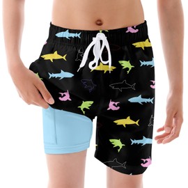 Kids Swim Shorts Black Size 7 Swim Trunks Shark Ultralight Swimsuit with Compression Shorts